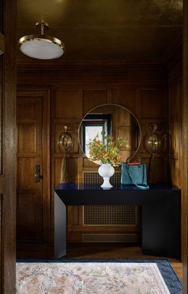 Ceiling design details in a wood-paneled entryway in Bronxville, designed by Andrew Suvalsky.