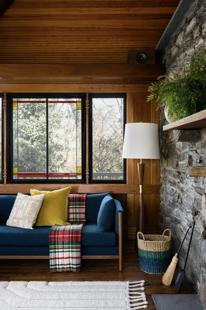 Ceiling design details in a wood-paneled living room in Bronxville, designed by Andrew Suvalsky.