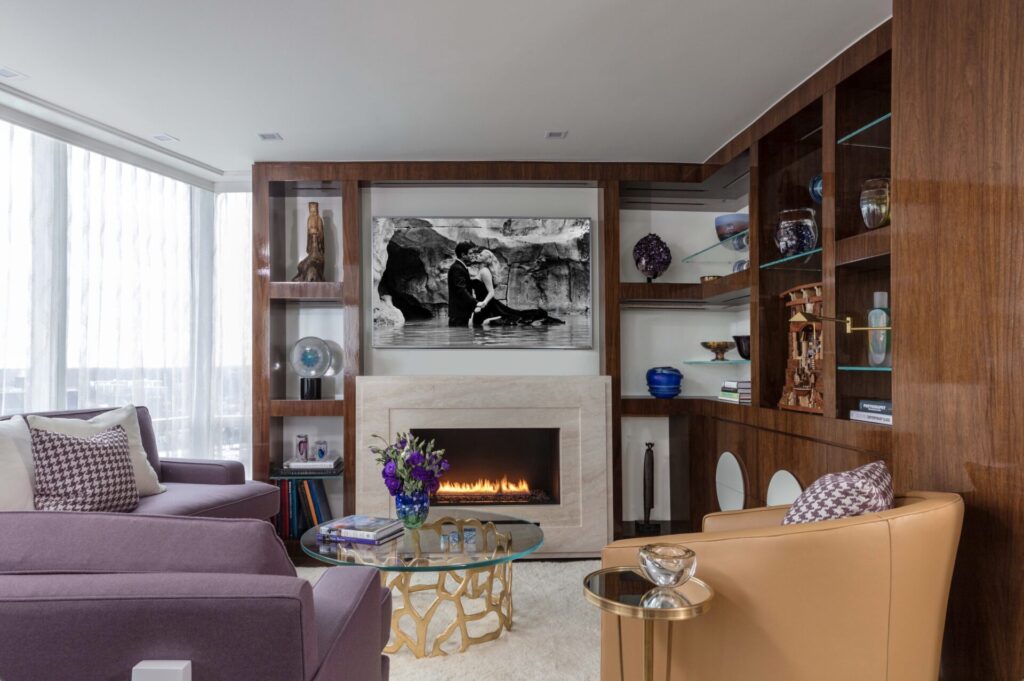 Custom millwork design details for a cozy living room in Westchester, designed by Andrew Suvalsky.